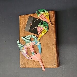 Charming Shark Wooden Fish Earrings & Scar Ring Pink, Yellow New Old Stock
